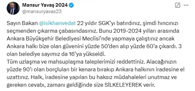Yavaş'tan Işıkhan'a Sert Tepki: 